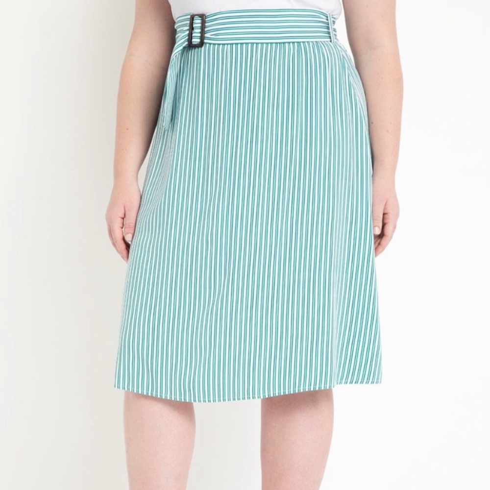 Size 26 Green and White Striped A-Line Midi Skirt with Belt (Eloquii)